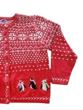 Vintage Winter Cardigan Women XL Red Sweater Penguin Scandinavian Nordic Holiday